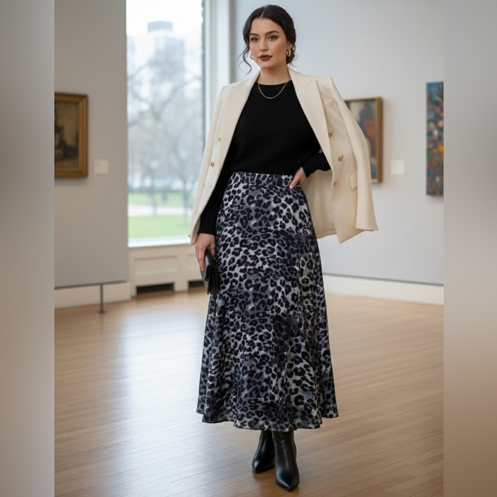 S Deer Leopard Print Maxi Skirt with Elastic Back Waistband